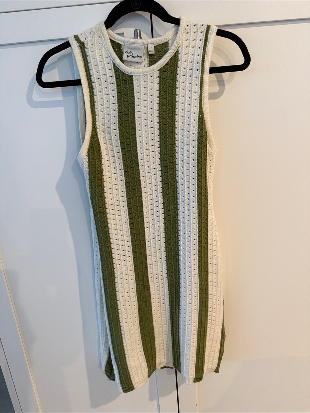 Sleeveless Olive and Cream Striped Knit Mini Dress